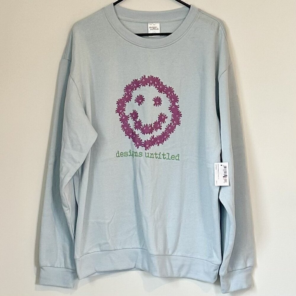 NWT Designs Untitled Sweatshirt Blue Pink Flower Smiley Face - Size XL - Picture 1 of 7